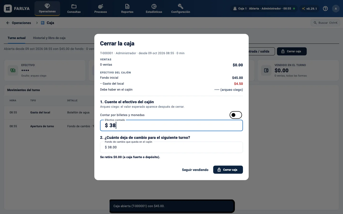Cierre de caja con conteo de efectivo