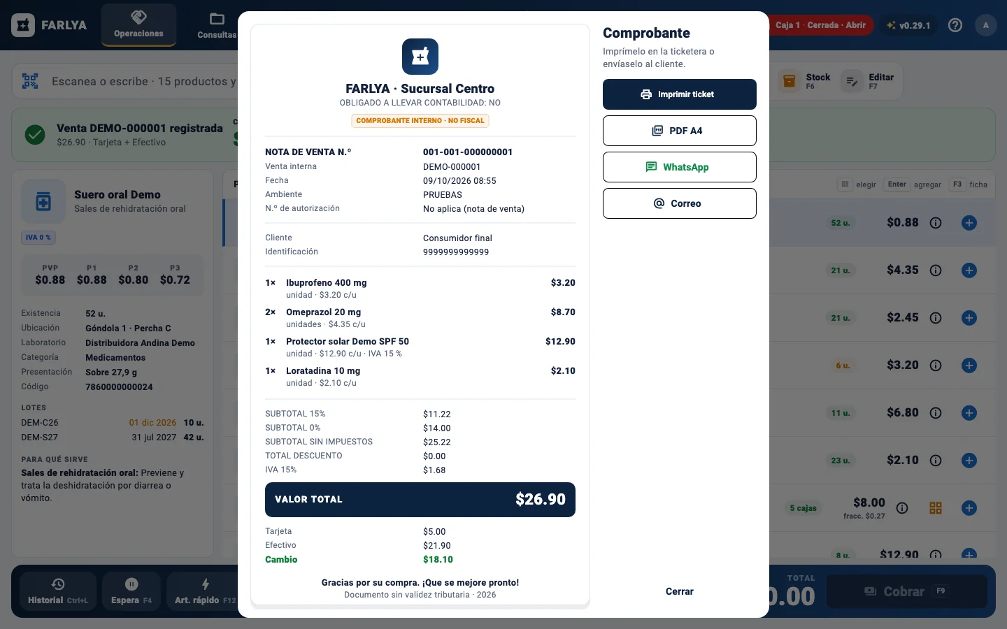 Comprobante de venta listo para imprimir o enviar