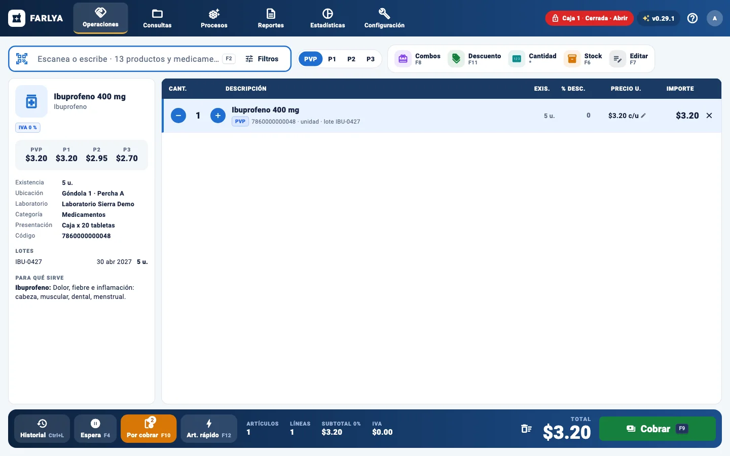 Pantalla de ventas de FARLYA con un producto en la cuenta y el total a cobrar