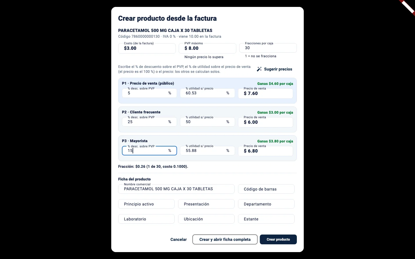 Creación de un producto desde la factura del proveedor